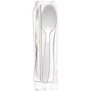 AmerCareRoyal Take-Out/Dine-In/Disposable Cutlery And Utensils/Disposable Cutlery/Disposable Cutlery Kits 3 Piece Kit White Heavy Weight Teaspoon-Milk Straw-8" x 10" Napkin, Case of 1,000