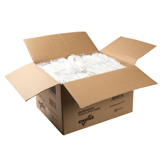 AmerCareRoyal Take-Out/Dine-In/Disposable Cutlery And Utensils/Disposable Cutlery/Disposable Cutlery Kits 3 Piece Kit White Heavy Weight Teaspoon-Milk Straw-8" x 10" Napkin, Case of 1,000