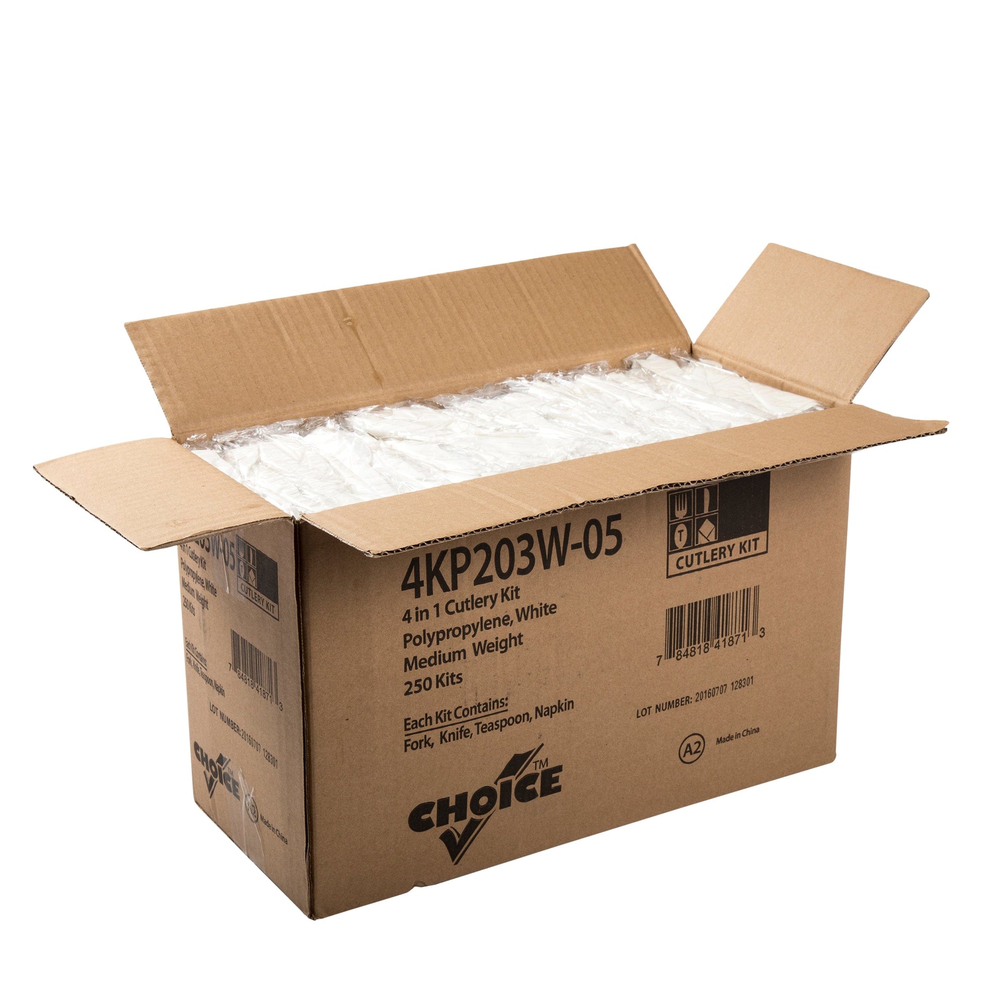 AmerCareRoyal Take-Out/Dine-In/Disposable Cutlery And Utensils/Disposable Cutlery/Disposable Cutlery Kits 4 Piece Kit White Medium Weight Fork-Knife-Teaspoon-12" x 13" Napkin, Case of 250