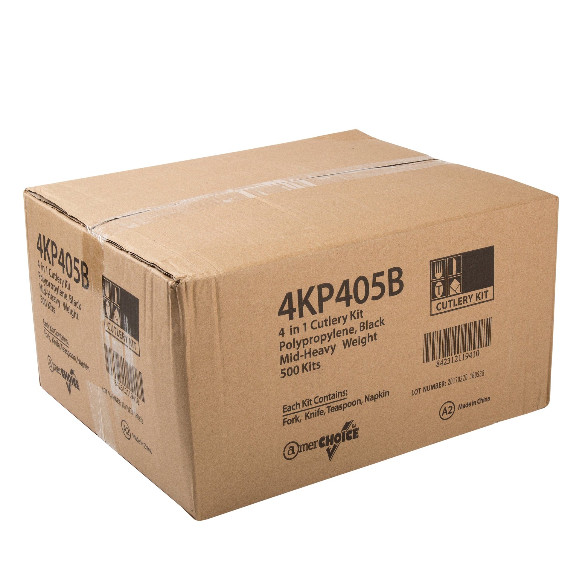 AmerCareRoyal Take-Out/Dine-In/Disposable Cutlery And Utensils/Disposable Cutlery/Disposable Cutlery Kits 4 Piece Kit Black Medium Heavy Fork-Spoon-Knife-12" x 13" Napkin, Case of 500