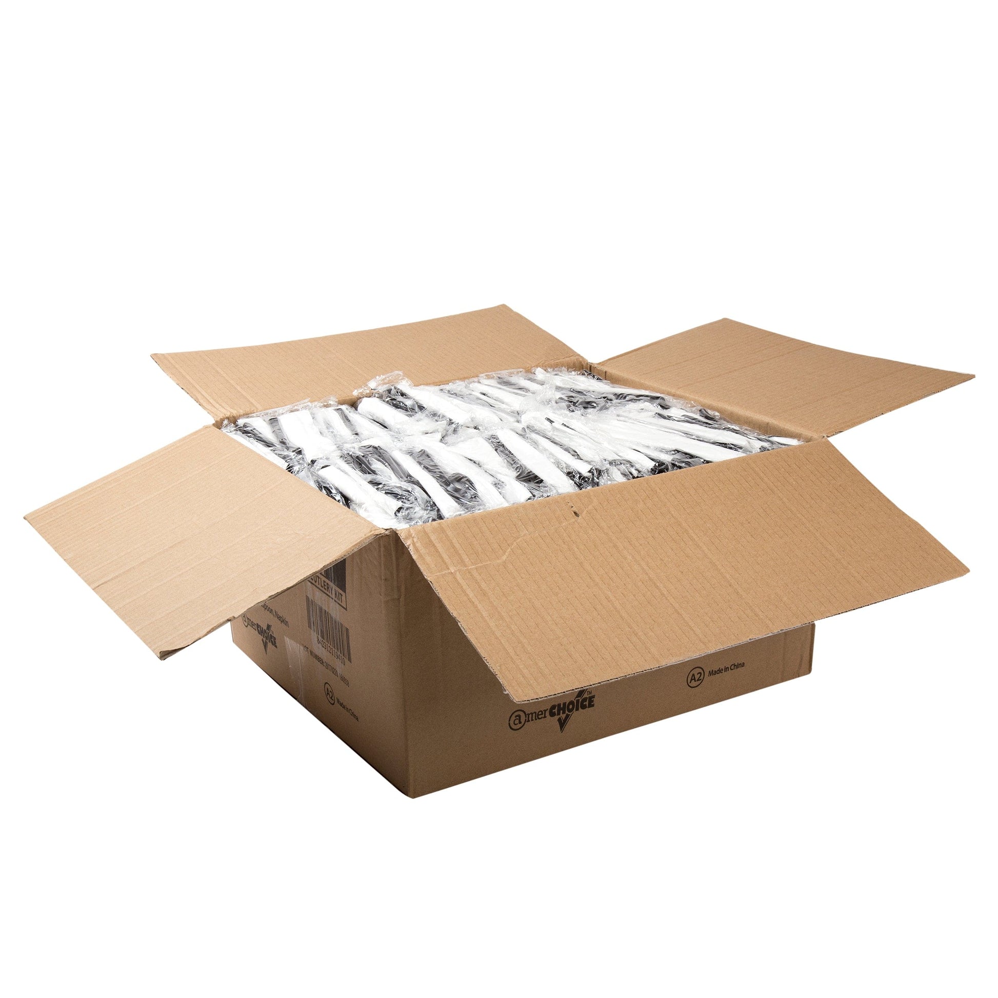 AmerCareRoyal Take-Out/Dine-In/Disposable Cutlery And Utensils/Disposable Cutlery/Disposable Cutlery Kits 4 Piece Kit Black Medium Heavy Fork-Spoon-Knife-12" x 13" Napkin, Case of 500