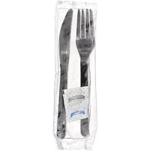 AmerCareRoyal Take-Out/Dine-In/Disposable Cutlery And Utensils/Disposable Cutlery/Disposable Cutlery Kits 5 Piece Kit Black Heavy Weight Fork-Knife-S&P-13" x 17" 2P Napkin, Case of 500