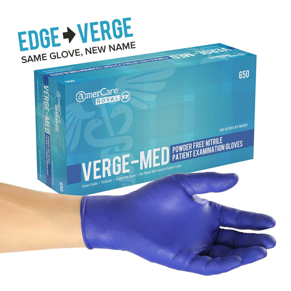 AmerCareRoyal Back of the House/Gloves/Nitrile Gloves Small Exam Grade Powder-Free Nitrile Verge-Med Gloves (S-XL), Case of 2,000