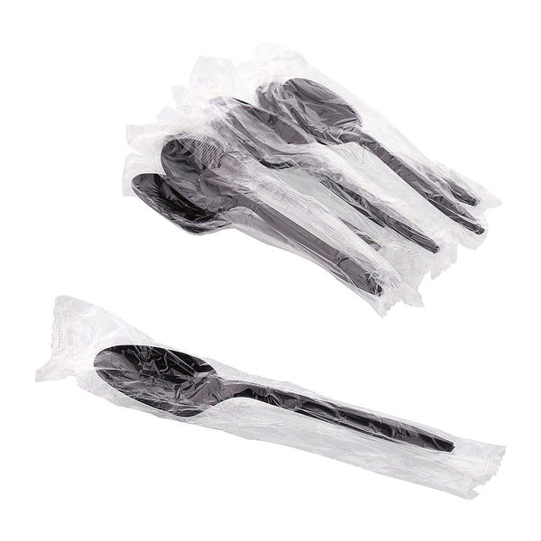 AmerCareRoyal Take-Out/Dine-In/Disposable Cutlery And Utensils/Disposable Cutlery/Disposable Spoons Medium Weight Black Polypropylene Individually Wrapped Teaspoons, Case of 1,000