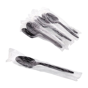 AmerCareRoyal Take-Out/Dine-In/Disposable Cutlery And Utensils/Disposable Cutlery/Disposable Spoons Medium Weight Black Polypropylene Individually Wrapped Teaspoons, Case of 1,000