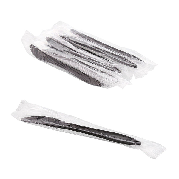 AmerCareRoyal Take-Out/Dine-In/Disposable Cutlery And Utensils/Disposable Cutlery/Disposable Knives Medium Weight Black Polypropylene Individually Wrapped Knives, Case of 1,000