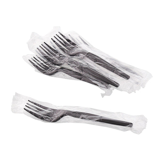 AmerCareRoyal Take-Out/Dine-In/Disposable Cutlery And Utensils/Disposable Cutlery/Disposable Forks Medium Heavy Black Polystyrene Individually Wrapped Forks, Case of 1,000