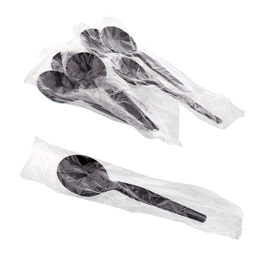 AmerCareRoyal Take-Out/Dine-In/Disposable Cutlery And Utensils/Disposable Cutlery/Disposable Spoons Medium Heavy Black Polystyrene Individually Wrapped Soup Spoons, Case of 1,000