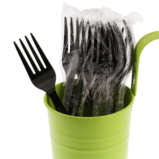 AmerCareRoyal Take-Out/Dine-In/Disposable Cutlery And Utensils/Disposable Cutlery/Disposable Forks Heavy Black Polystyrene Individually Wrapped Forks, Case of 1,000
