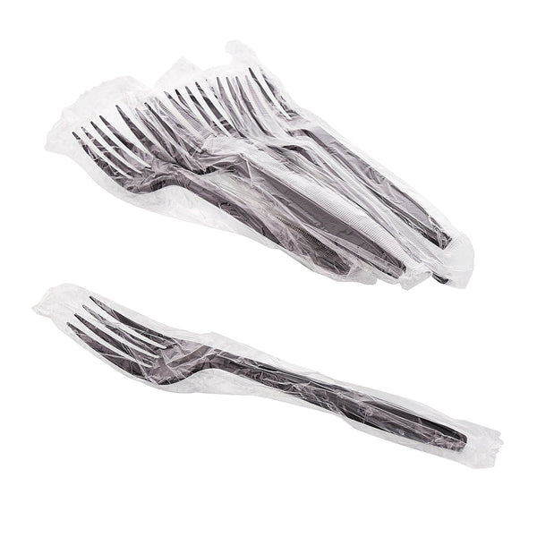 AmerCareRoyal Take-Out/Dine-In/Disposable Cutlery And Utensils/Disposable Cutlery/Disposable Forks Heavy Black Polystyrene Individually Wrapped Forks, Case of 1,000
