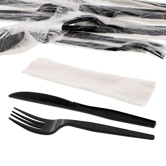 AmerCareRoyal Take-Out/Dine-In/Disposable Cutlery And Utensils/Disposable Cutlery/Disposable Cutlery Kits 3 Piece Kit Black Medium Heavy Weight Fork-Knife-12" x 13" Napkin, Case of 500