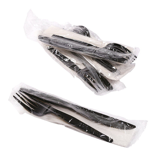 AmerCareRoyal Take-Out/Dine-In/Disposable Cutlery And Utensils/Disposable Cutlery/Disposable Cutlery Kits 3 Piece Kit Black Medium Heavy Weight Fork-Knife-12" x 13" Napkin, Case of 500
