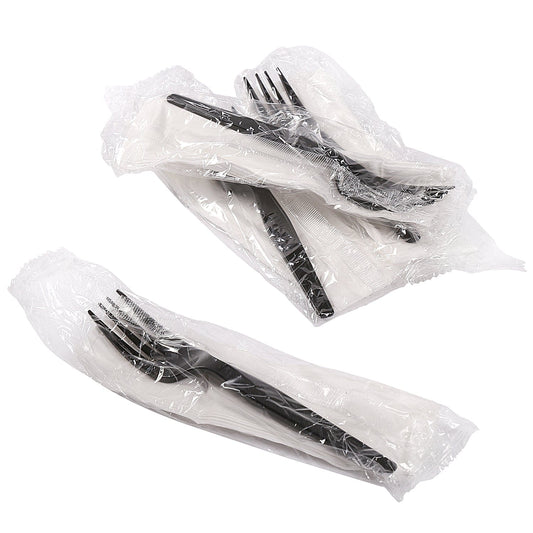 AmerCareRoyal Take-Out/Dine-In/Disposable Cutlery And Utensils/Disposable Cutlery/Disposable Cutlery Kits 2 Piece Kit Black Medium Heavy Weight Fork-13" x 17" Napkin, Case of 1,000 or Pallet (42 Cases)