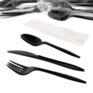 AmerCareRoyal Take-Out/Dine-In/Disposable Cutlery And Utensils/Disposable Cutlery/Disposable Cutlery Kits 4 Piece Kit Black Medium Weight Fork-Knife-Teaspoon-12