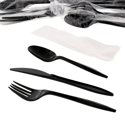 AmerCareRoyal Take-Out/Dine-In/Disposable Cutlery And Utensils/Disposable Cutlery/Disposable Cutlery Kits 4 Piece Kit Black Medium Weight Fork-Knife-Teaspoon-12" x 13" Napkin, Case of 250