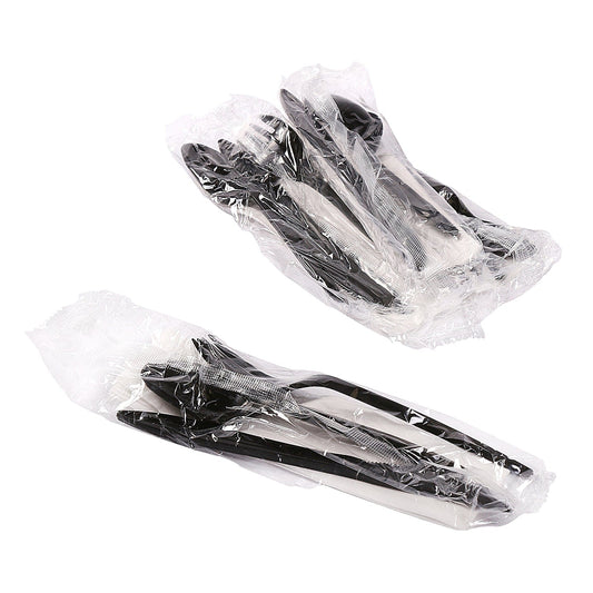 AmerCareRoyal Take-Out/Dine-In/Disposable Cutlery And Utensils/Disposable Cutlery/Disposable Cutlery Kits 4 Piece Kit Black Medium Weight Fork-Knife-Teaspoon-12" x 13" Napkin, Case of 250