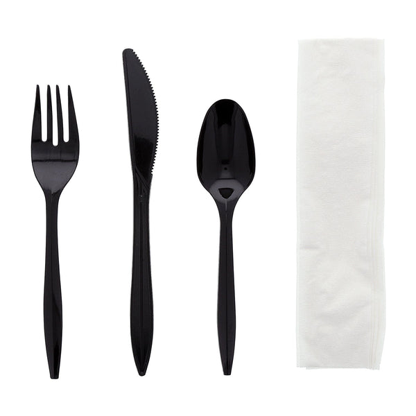 AmerCareRoyal Take-Out/Dine-In/Disposable Cutlery And Utensils/Disposable Cutlery/Disposable Cutlery Kits 4 Piece Kit Black Medium Weight Fork-Knife-Teaspoon-12