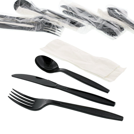AmerCareRoyal Take-Out/Dine-In/Disposable Cutlery And Utensils/Disposable Cutlery/Disposable Cutlery Kits 4 Piece Kit Black Heavy Weight Fork-Knife-Soup Spoon-13" x 17" Napkin, Case of 250