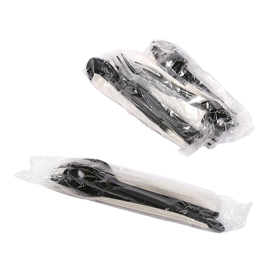 AmerCareRoyal Take-Out/Dine-In/Disposable Cutlery And Utensils/Disposable Cutlery/Disposable Cutlery Kits 4 Piece Kit Black Heavy Weight Fork-Knife-Soup Spoon-13" x 17" Napkin, Case of 250