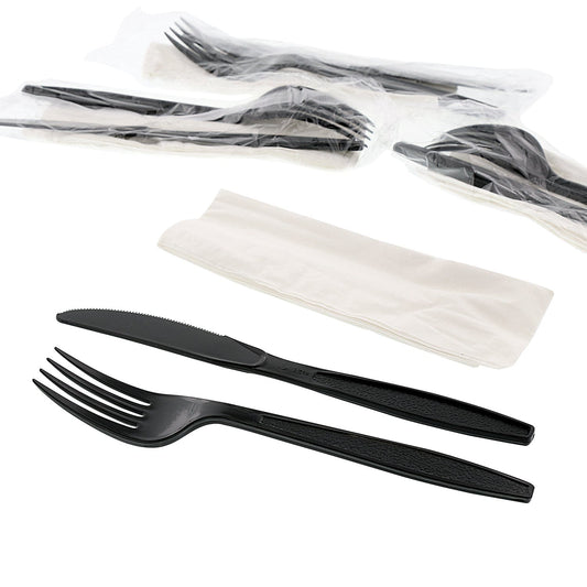 AmerCareRoyal Take-Out/Dine-In/Disposable Cutlery And Utensils/Disposable Cutlery/Disposable Cutlery Kits 3 Piece Kit Black Heavy Weight Fork-Knife-13" x 17" Napkin, Case of 500