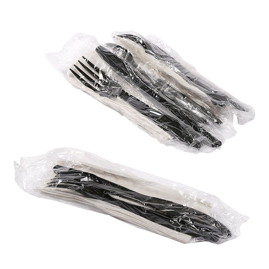 AmerCareRoyal Take-Out/Dine-In/Disposable Cutlery And Utensils/Disposable Cutlery/Disposable Cutlery Kits 3 Piece Kit Black Heavy Weight Fork-Knife-13" x 17" Napkin, Case of 500