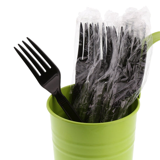 AmerCareRoyal Take-Out/Dine-In/Disposable Cutlery and Utensils/Cutlery/Forks Heavy Weight Black Polypropylene Individually Wrapped Forks, Case of 1,000