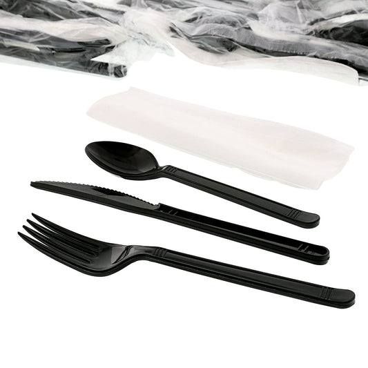 AmerCareRoyal Take-Out/Dine-In/Disposable Cutlery And Utensils/Disposable Cutlery/Disposable Cutlery Kits 4 Piece Kit Black Heavy Weight Fork-Knife-Teaspoon-13" x 17" Napkin, Case of 250