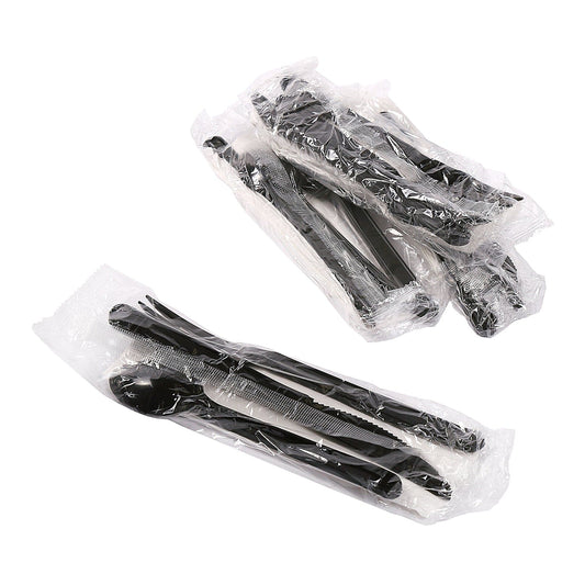 AmerCareRoyal Take-Out/Dine-In/Disposable Cutlery And Utensils/Disposable Cutlery/Disposable Cutlery Kits 4 Piece Kit Black Heavy Weight Fork-Knife-Teaspoon-13" x 17" Napkin, Case of 250