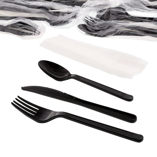 AmerCareRoyal Take-Out/Dine-In/Disposable Cutlery And Utensils/Disposable Cutlery/Disposable Cutlery Kits 4 Piece Kit Black Medium Heavy Fork-Spoon-Knife-12" x 13" Napkin, Case of 500