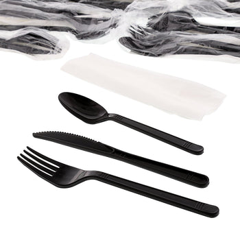 AmerCareRoyal Take-Out/Dine-In/Disposable Cutlery And Utensils/Disposable Cutlery/Disposable Cutlery Kits 4 Piece Kit Black Medium Heavy Fork-Spoon-Knife-12" x 13" Napkin, Case of 500