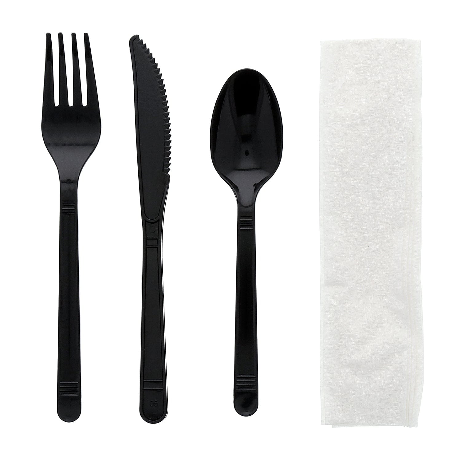 AmerCareRoyal Take-Out/Dine-In/Disposable Cutlery And Utensils/Disposable Cutlery/Disposable Cutlery Kits 4 Piece Kit Black Medium Heavy Fork-Spoon-Knife-12" x 13" Napkin, Case of 500