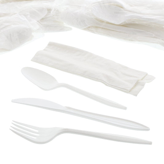 AmerCareRoyal Take-Out/Dine-In/Disposable Cutlery And Utensils/Disposable Cutlery/Disposable Cutlery Kits 4 Piece Kit White Medium Weight Fork-Knife-Teaspoon-12" x 13" Napkin, Case of 250