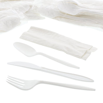 AmerCareRoyal Take-Out/Dine-In/Disposable Cutlery And Utensils/Disposable Cutlery/Disposable Cutlery Kits 4 Piece Kit White Medium Weight Fork-Knife-Teaspoon-12" x 13" Napkin, Case of 250