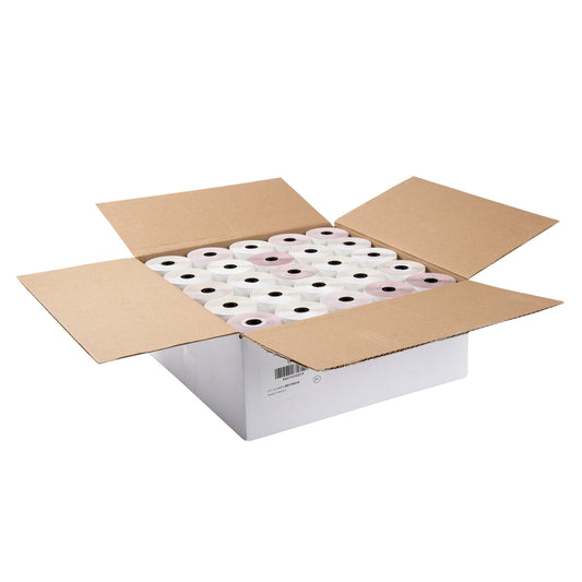 AmerCareRoyal POS Supplies/Carbonless Register Rolls 3" x 65' 3 Ply 7/16" ID Core White/Canary/Pink Copy Register Rolls, Case of 50