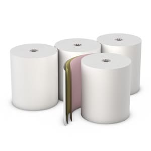 AmerCareRoyal POS Supplies/Carbonless Register Rolls 3" x 65' 3 Ply 7/16" ID Core White/Canary/Pink Copy Register Rolls, Case of 50