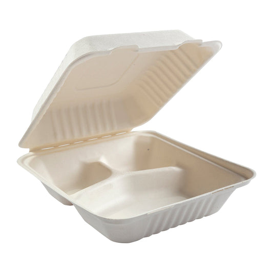 CiboWares Take-Out/Dine-In/Take Out Packaging/Take Out Food Boxes 8" x 8" x 3.19" Medium 3 Section Molded Fiber Deep Clamshell/Hinged Lid Containers, Case of 200