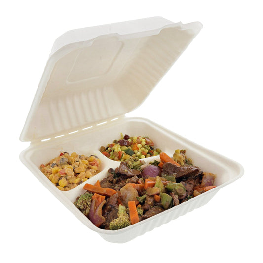 CiboWares Take-Out/Dine-In/Take Out Packaging/Take Out Food Boxes 8" x 8" x 3.19" Medium 3 Section Molded Fiber Deep Clamshell/Hinged Lid Containers, Case of 200