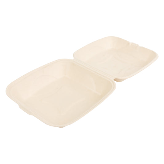 9" x 9" no added PFAS molded fiber hinged lid clamshell container open flag