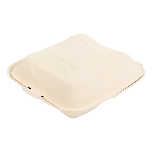 9" x 9" 3 compartment no added PFAS molded fiber hinged lid clamshell container closed