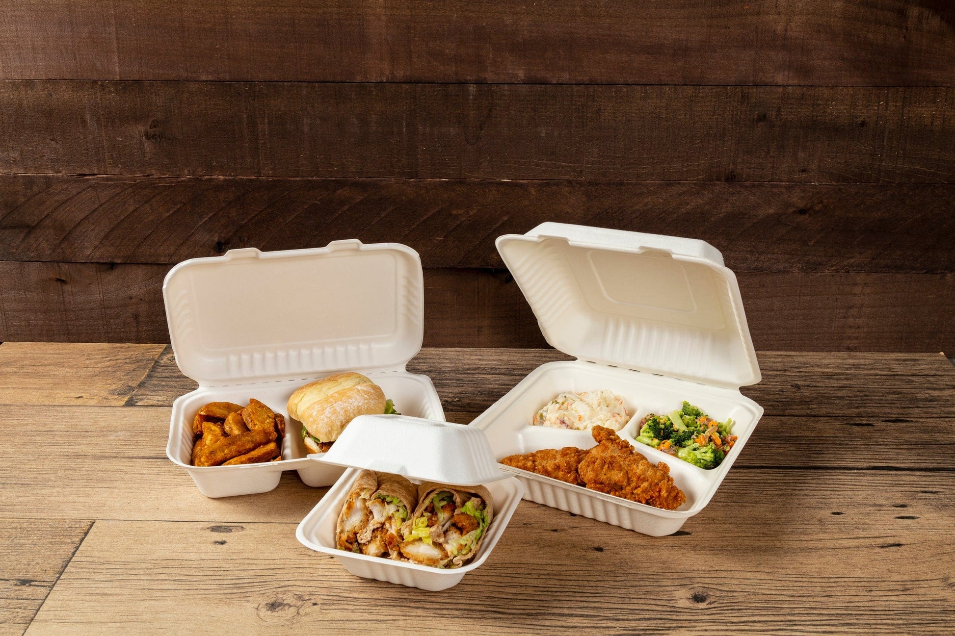 CiboWares Take-Out/Dine-In/Take Out Packaging/Take Out Food Boxes 9" x 9" x 3.19" Large 3 Section Molded Fiber Clamshell/Hinged Lid Containers, Case of 200