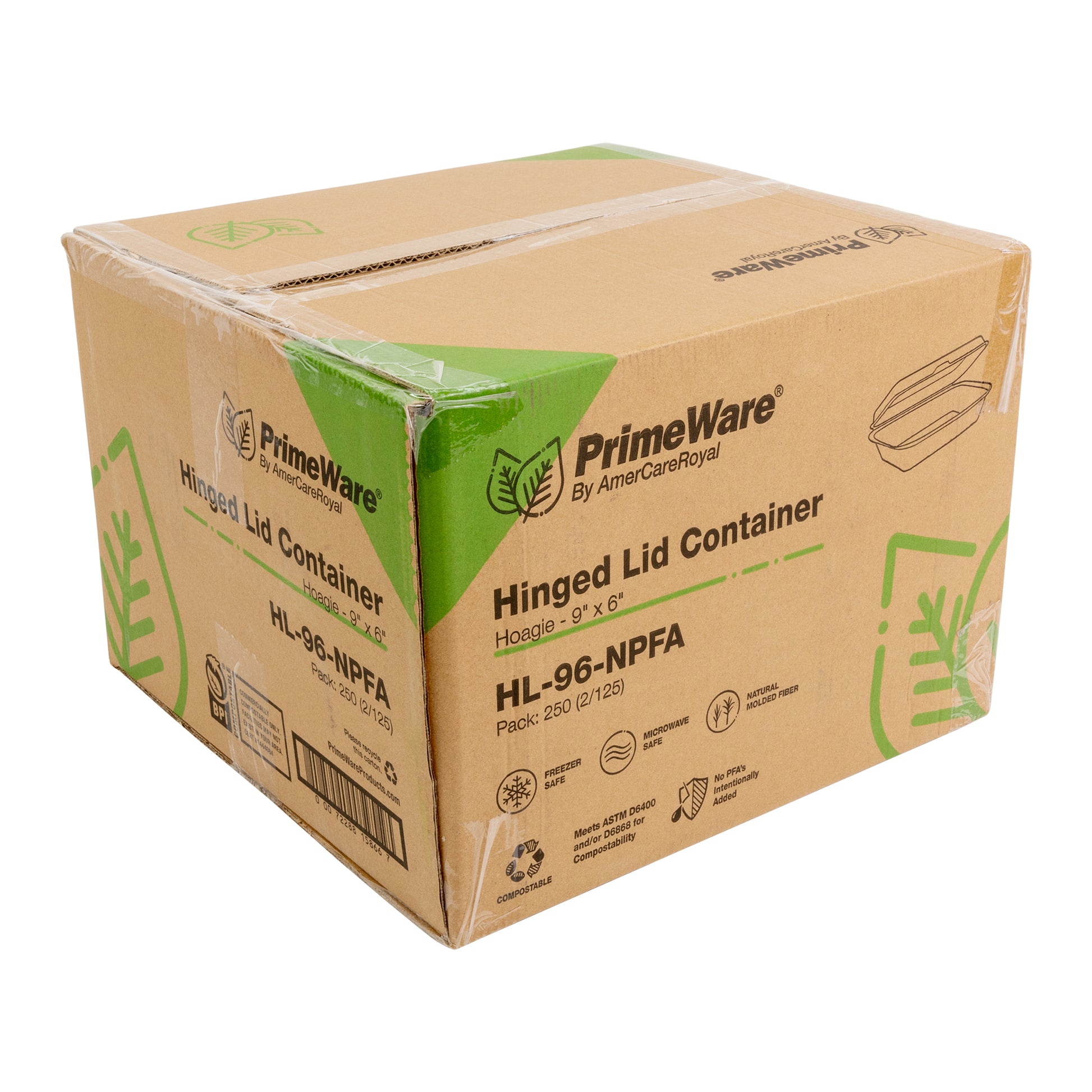 closed case of No added PFAS Hoagie Molded Fiber Hinged Lid/Clamshell Container