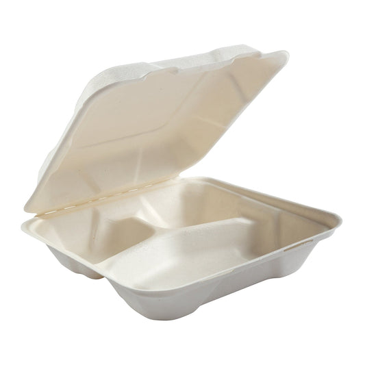 CiboWares Take-Out/Dine-In/Take Out Packaging/Take Out Food Boxes 7.875" x 8" x 2.5" Medium 3 Section Molded Fiber Clamshell/Hinged Lid Containers, Case of 200