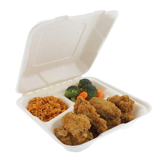 CiboWares Take-Out/Dine-In/Take Out Packaging/Take Out Food Boxes 7.875" x 8" x 2.5" Medium 3 Section Molded Fiber Clamshell/Hinged Lid Containers, Case of 200