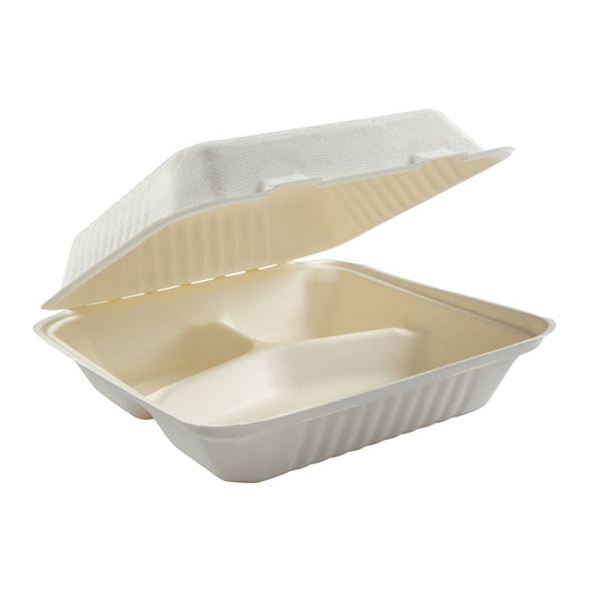 CiboWares Take-Out/Dine-In/Take Out Packaging/Take Out Food Boxes 9" x 9" x 3.19" Large 3 Section Molded Fiber Clamshell/Hinged Lid Containers, Case of 200