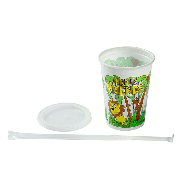 AmerCareRoyal Take-Out/Dine-In/Kids Products/Kids Cups 12 oz. Jungle Friends Theme Thermo Cups With Straws and Lids, Case of 250
