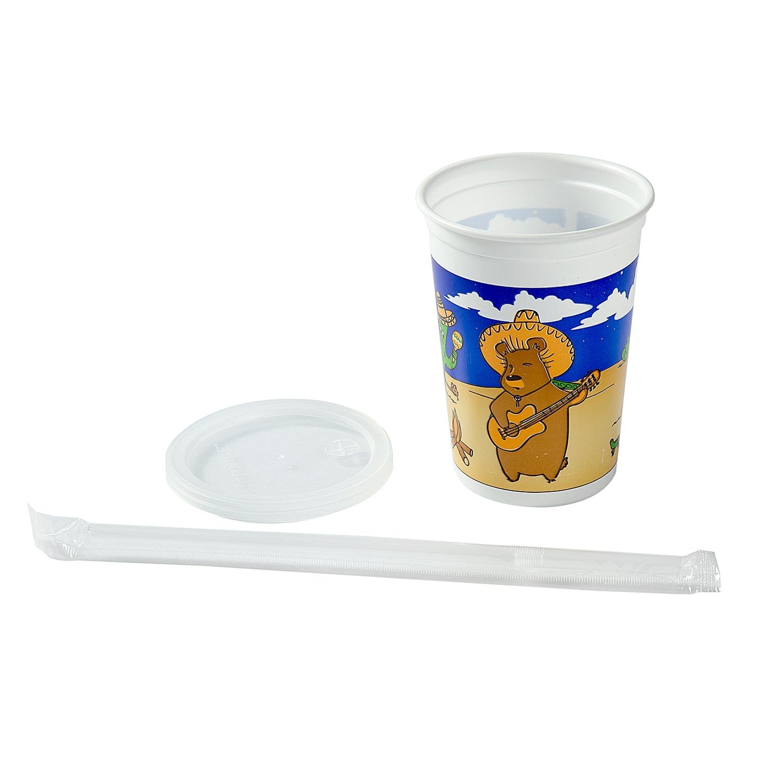AmerCareRoyal Take-Out/Dine-In/Kids Products/Kids Cups 12 oz. Mexican Theme Thermo Cups With Straws and Lids, Case of 250