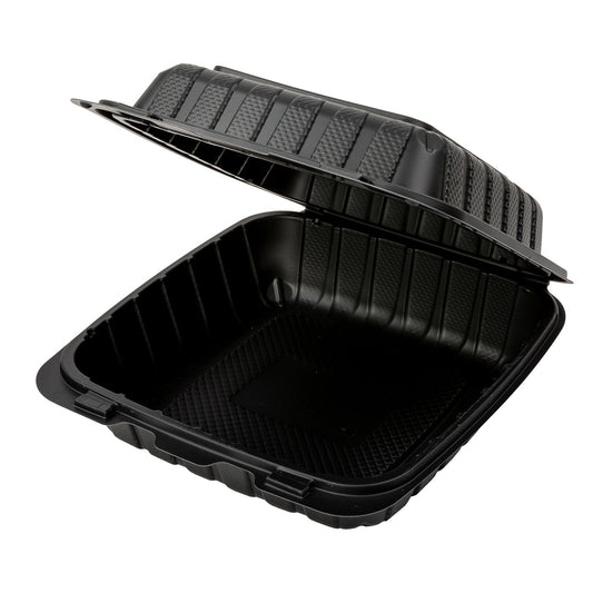 AmerCareRoyal Take-Out/Dine-In/Take Out Packaging/Take Out Food Boxes 8" x 8" x 3" Medium Mineral Filled PP Black Clamshell/Hinged Lid Containers, Case of 200