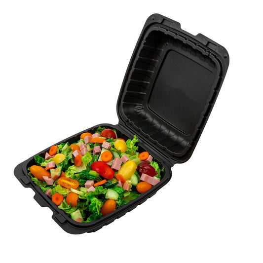 AmerCareRoyal Take-Out/Dine-In/Take Out Packaging/Take Out Food Boxes 8" x 8" x 3" Medium Mineral Filled PP Black Clamshell/Hinged Lid Containers, Case of 200