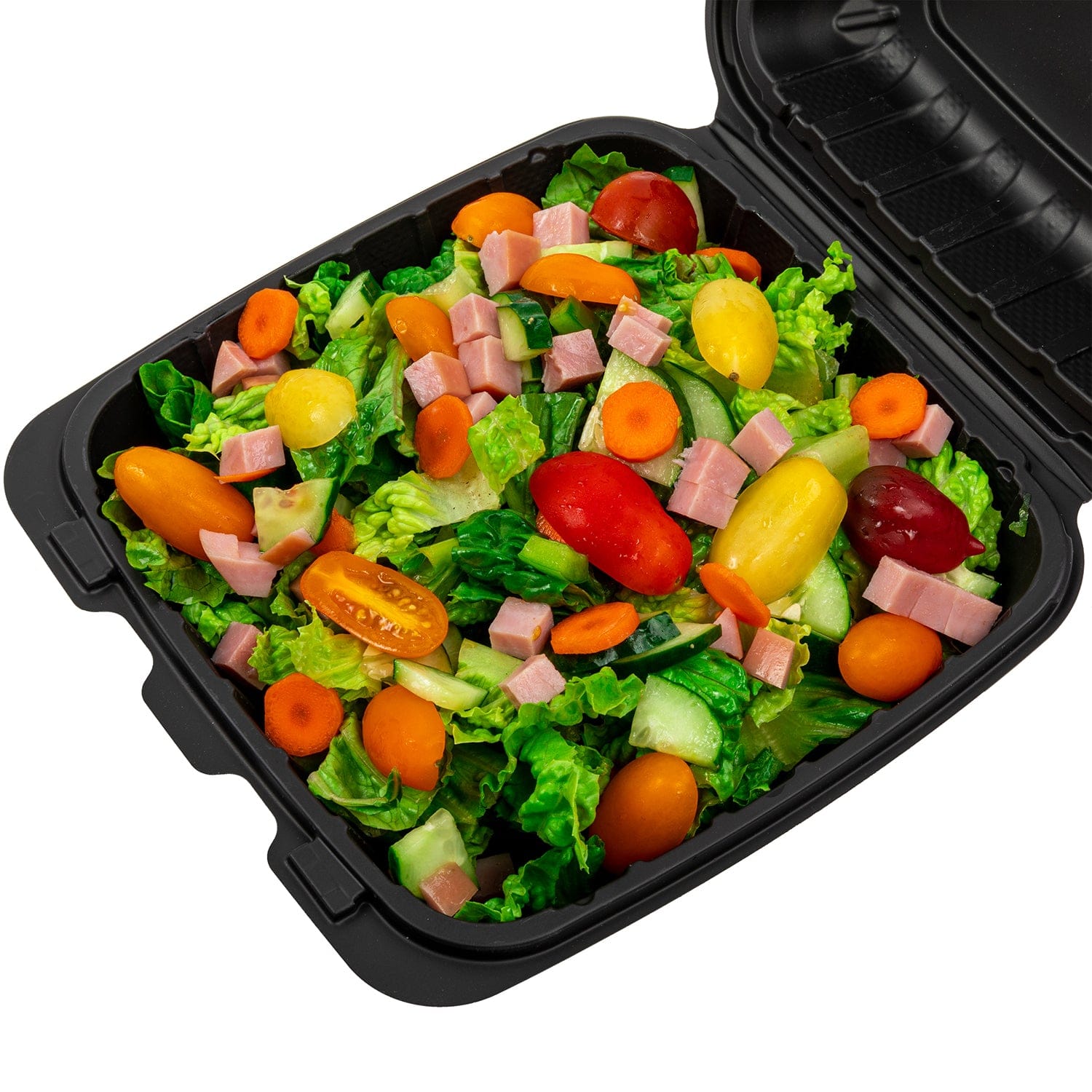 AmerCareRoyal Take-Out/Dine-In/Take Out Packaging/Take Out Food Boxes 8" x 8" x 3" Medium Mineral Filled PP Black Clamshell/Hinged Lid Containers, Case of 200