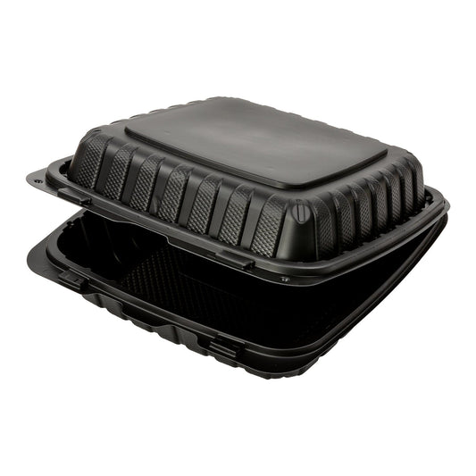 AmerCareRoyal Take-Out/Dine-In/Take Out Packaging/Take Out Food Boxes 9" x 9" x 3" Large Mineral Filled PP Black Clamshell/Hinged Lid Containers, Case of 150 or Pallet (30 Cases)